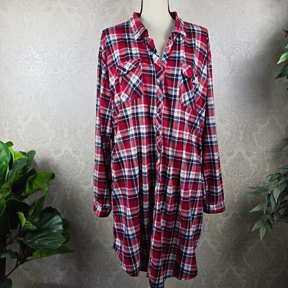 White Mark Size 3XL Button Up Tunic Top Long Sleeve Red White Blue Plaid NWT - Picture 1 of 15
